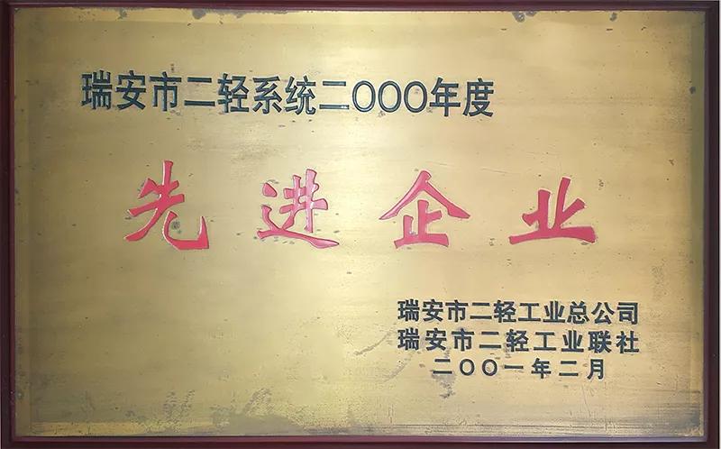 瑞安市二轻系统先进企业（2000年）